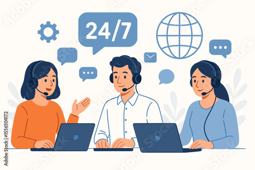 24/7 Customer Support Hotline Operators Consulting Clients with Headsets at Computers, Global Online Technical Assistance, Call Center Teamwork, Call Processing System, Modern Flat Vector Illustration