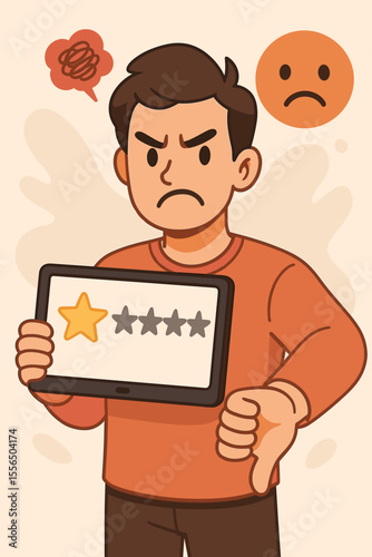 Unhappy customer giving negative review, low one star rating, dissatisfied client feedback, poor service complaint, business reputation impact, cartoon vector illustration, thumbs down, sad face