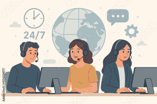 24/7 Global Customer Support Team, Multicultural Call Center Operators with Headsets at Laptops, Online Technical Assistance, Hotline Service, Consulting, Communication, Modern Business Concept