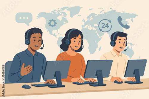 Multicultural call center team with headsets and laptops providing 24/7 customer service, global online technical support, hotline operators, communication, modern business concept illustration