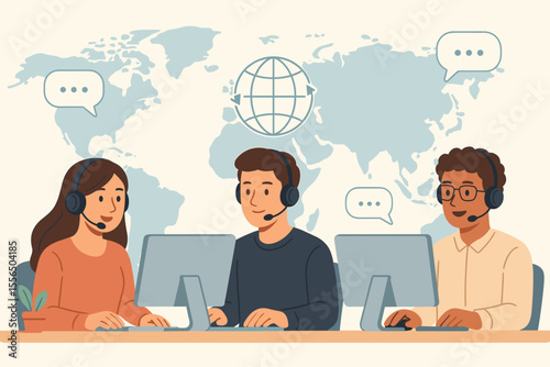 24/7 Global Customer Service Support Team, Call Center Operators with Headsets at Computers, Online Hotline, Technical Assistance, International Communication, Remote Help Desk, Modern Flat Vector