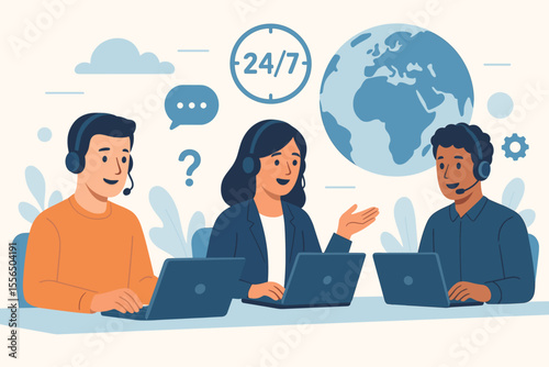 24/7 Customer Service Hotline Operators Consulting Clients with Headsets at Computers, Global Online Technical Support, Call Center Team, Call Processing System, Modern Flat Vector Illustration