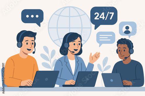 24 7 Customer Service Support Team, Call Center Operators with Headsets at Computers, Global Online Technical Assistance, Hotline Consulting, Modern Call Processing System, Communication Concept