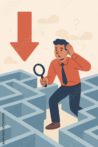 Businessman Solving Maze with Magnifying Glass, Red Down Arrow, Problem Solving, Failure, Searching for Solution, Confusion, Finding Way Out, Challenge, Decision Making, Modern Flat Vector