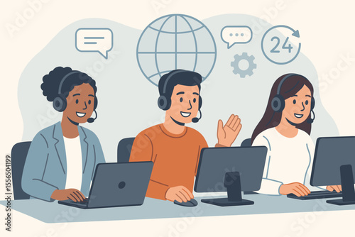 Global customer service hotline operators at call center with headsets, providing 24/7 online technical support, call processing, communication, teamwork, modern business, world map background