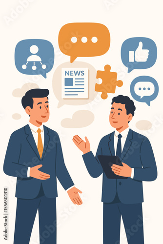 Businessmen Discussing Social Networks, News, Communication, Chat, Dialogs, Speech Bubbles, Teamwork, Puzzle, Modern Flat Vector Illustration for Corporate Collaboration and Networking Concepts