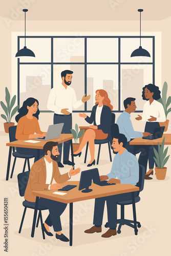 Diverse group of office workers collaborating in modern coworking space. Team meeting, business discussion, colleagues communicating, laptops on desks, workplace analysis, teamwork concept