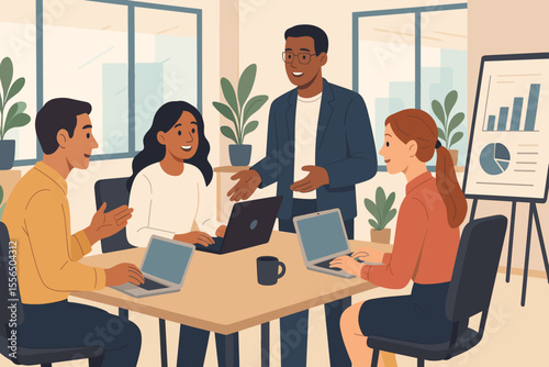 Diverse business team collaborating in modern office workspace, group meeting at tables with laptops, discussing ideas, teamwork, communication, corporate brainstorming, workplace analysis, coworking