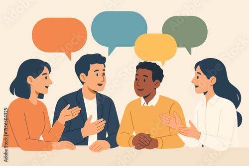 Diverse group discussion, teamwork brainstorming, meeting conversation with speech bubbles, collaboration, sharing ideas, business communication, opinion exchange, workplace dialogue illustration