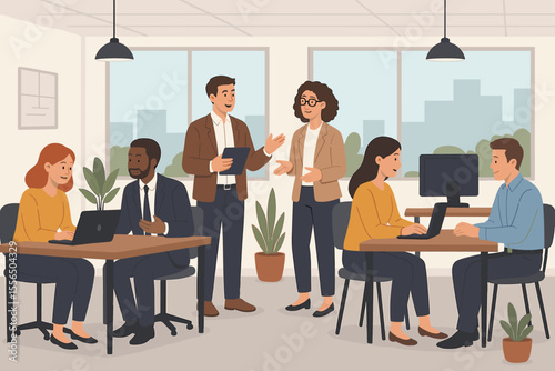 Diverse group of office workers collaborating in modern coworking space, teamwork and communication at workplace, colleagues analyzing data, laptops and computers on desks, business meeting concept