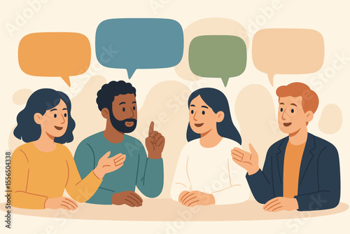 Diverse group discussion at table, team meeting brainstorming ideas, collaborative conversation, exchanging opinions, business teamwork, speech bubbles, communication, workplace concept illustration