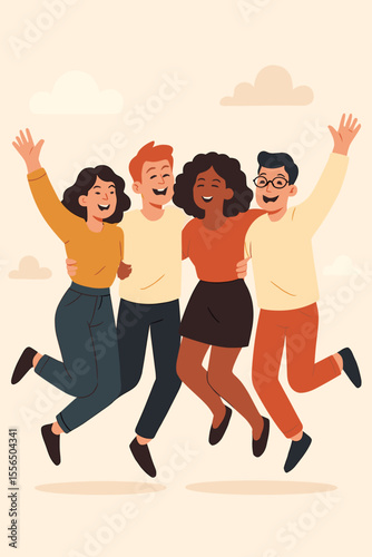 Diverse group of happy young friends jumping together with raised hands, celebrating friendship, unity, togetherness, teamwork, multicultural youth, cheerful people, joyful social gathering