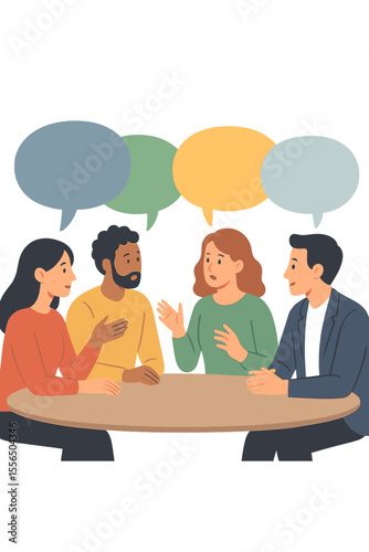 Team brainstorming discussion at round table, group collaboration meeting with speech bubbles, business communication, sharing ideas, teamwork, office conversation, workplace opinion exchange