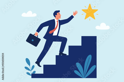 Ambitious businessman climbing bar chart steps reaching for star, symbolizing achievement, business success, goal accomplishment, motivation, leadership, reward, aspiration, and career growth
