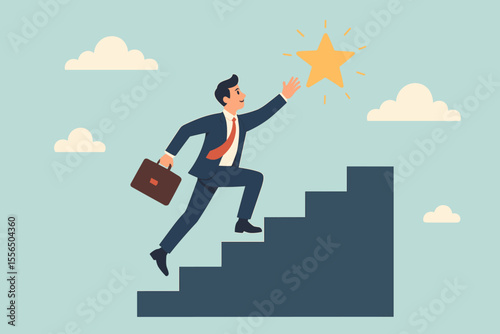 Ambitious businessman climbing stairs to reach star symbolizing business success, achievement, goal accomplishment, reward, motivation, ambition, leadership, career growth, opportunity