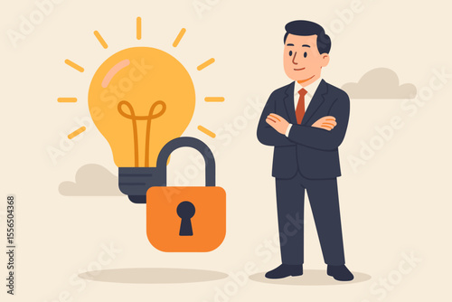 Intellectual property protection concept. Businessman in suit with crossed arms stands beside glowing light bulb locked with padlock. Copyright, patent, idea security, innovation ownership.