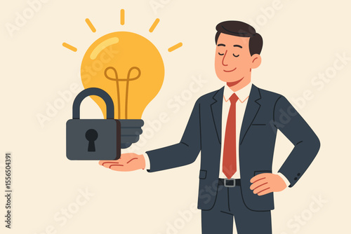 Intellectual property protection concept. Businessman with crossed arms standing beside padlocked light bulb. Copyright, patent, idea security, innovation ownership, legal rights, creative concept