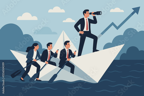Business leadership teamwork navigating crisis, visionary leader with binoculars guiding team on paper boat, forward strategy, support, achieving success, growth, target, overcoming challenges