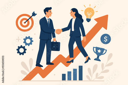 Business teamwork success concept. Two businesspeople shaking hands on upward arrow. Partnership, collaboration, growth, achievement, financial goal, innovation, leadership, target, trophy, profit.