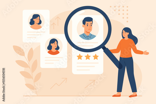 Human resources recruitment process, candidate search, employee selection, job vacancy hiring, HR manager interviewing, talent acquisition, personnel management, modern office illustration