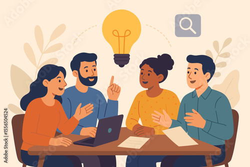 Creative Teamwork Collaboration Brainstorming Meeting, Diverse Group Sharing Business Ideas, Light Bulb Innovation Concept, Finding Solutions, Office Discussion, Project Planning, Problem Solving