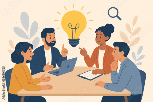 Business Team Brainstorming Creative Ideas Collaboration Meeting. Light Bulb Innovation Concept. Group Discussion, Problem Solving, Teamwork, Office Workspace, Finding Creative Solutions