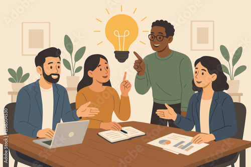 Teamwork brainstorming session, creative business meeting, group collaboration, light bulb idea, innovation, problem solving, finding solutions, discussion, planning, teamwork, office workspace