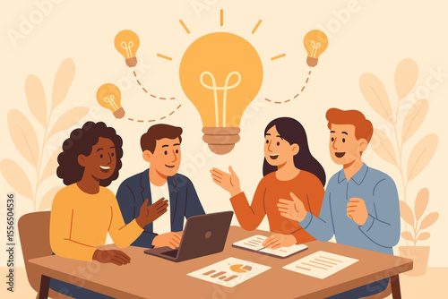 Diverse team brainstorming business ideas, creative collaboration meeting, group discussion, innovation, finding solutions, teamwork, light bulb concept, office workspace, problem solving