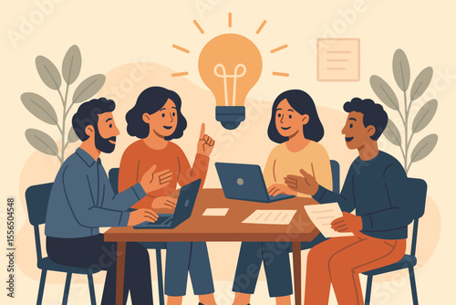 Diverse team brainstorming business ideas, creative collaboration meeting, teamwork innovation, group discussion, light bulb concept, finding solutions, office workspace, planning strategy
