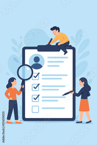 Modern flat vector illustration of tiny people filling out forms on giant clipboard. Recruitment, resume, job application, hiring process, HR, candidate selection, checklist, teamwork, human resources
