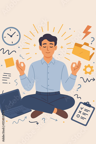 Businessman Practicing Meditation for Stress Management and Emotional Control at Work, Office Chaos, Reducing Anxiety, Mindfulness, Productivity, Workplace Wellness, Mental Health Concept Illustration