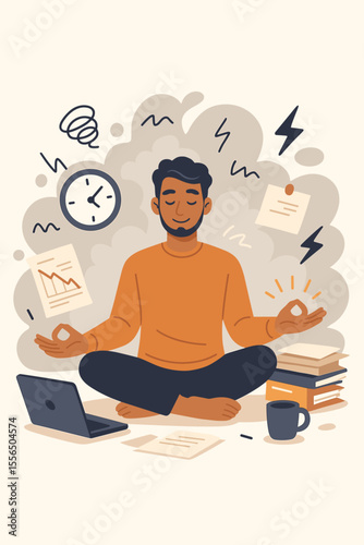 Stress management meditation at work, reducing anxiety, controlling emotions, mindfulness practice amid chaos, workplace disorder, productivity boost, relaxation, mental health, office wellness
