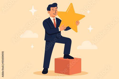 Businessman Holding Gold Star Award. Leadership Success, Achievement Recognition, Evaluation, Quality Excellence, Self-Confidence, Employee Reward, Motivation Concept. Modern Flat Vector Illustration