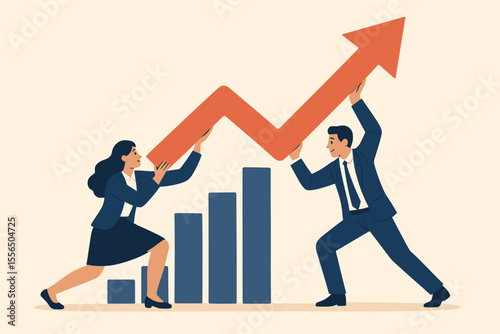Business teamwork success concept. Businessman and businesswoman collaborate to raise upward arrow graph. Partnership, career growth, support, shared goals, leadership, financial improvement, progress