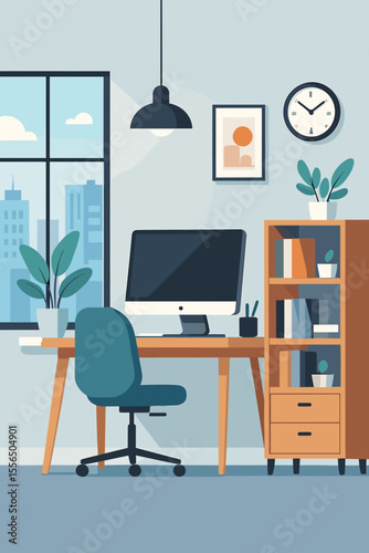 Modern home office workspace interior with computer desk, ergonomic chair, bookshelf, indoor plants, city view window, wall clock, minimalist decor. Cozy productivity concept vector illustration