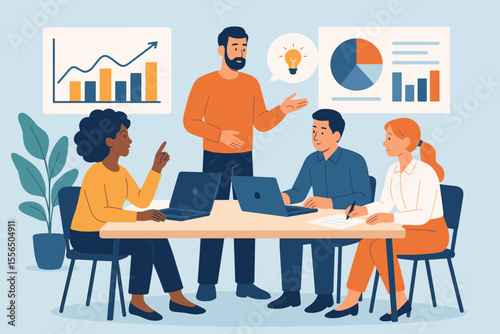 Diverse business team brainstorming at meeting table with laptops, discussing analytics, teamwork collaboration, data presentation, company strategy, modern office, flat vector illustration