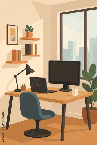 Modern home office workspace interior. Minimalist desk with computer monitor, laptop, lamp, coffee mug, bookshelves, potted plants, window city view. Cozy productivity concept illustration