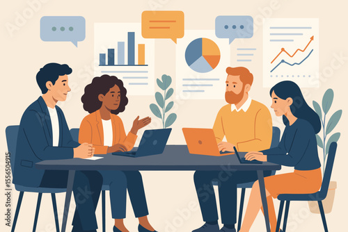 Business team meeting, diverse coworkers brainstorming at conference table, teamwork collaboration, data analysis, office discussion, company strategy planning, modern flat vector illustration
