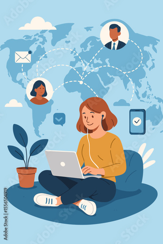 Remote Work Anywhere Global Digital Nomad Freelance Lifestyle, International Businessman with Laptop, World Connectivity, Tropical Cityscape, Modern Flat Vector Illustration Concept