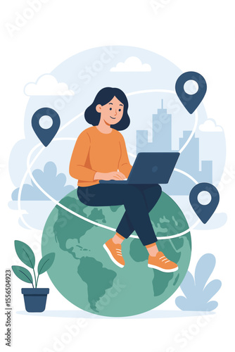 Remote work anywhere in the world, digital nomad freelancer with laptop, global business, international company, worldwide connectivity, online communication, modern flat vector illustration