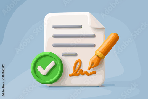 3D Icon of Approved and Signed Document with Green Check Mark, Business Agreement, Contract Validation, Quality Assurance, Official Paperwork, Digital Signature, Modern Cartoon Vector Illustration