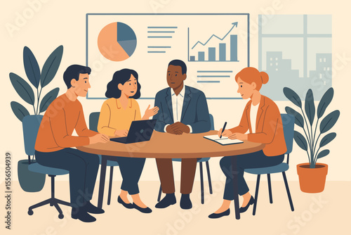 Diverse business team meeting at office table, discussing analytics, brainstorming ideas, teamwork collaboration, corporate strategy planning, data charts, modern workplace vector illustration