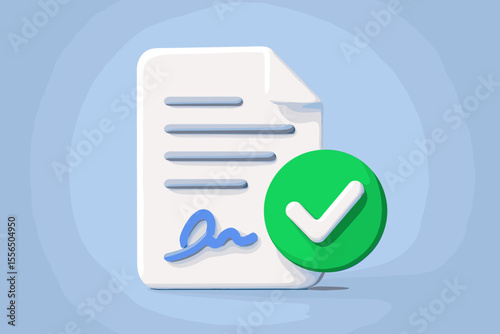 3D Signed Document Approved Icon. Verified Contract, Business Agreement, Check Mark, Quality Assurance, Legal Paper, Signature, Confirmation, Modern Realistic Vector, Official Certified File