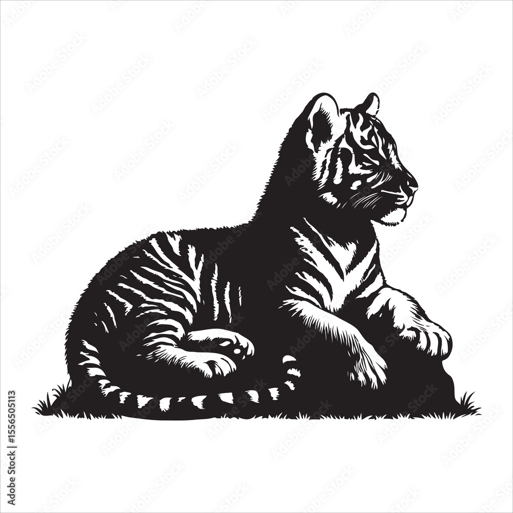 Fototapeta premium siting cute tiger Silhouette Vector Art, and Graphic, vector black color silhouette , solated white&nbsp;background 
