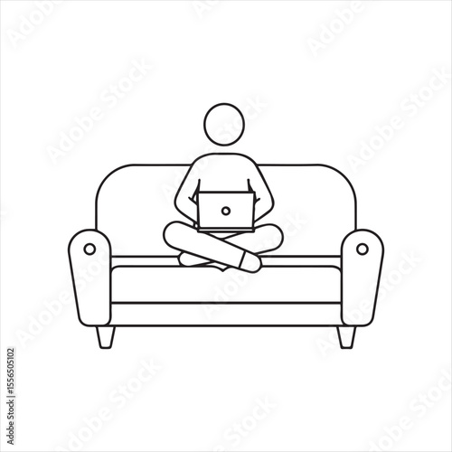Minimalist Line Art of Person Working on Laptop While Sitting on Sofa, Representing Remote Work and Modern Lifestyle