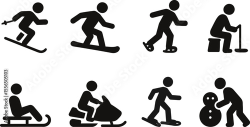 Winter sports solid icon set. Skiing, snowboarding, skating, sledding, snowmobiling, Ice fishing