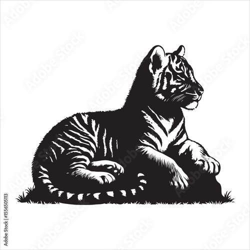 siting  cute tiger Silhouette Vector Art, and Graphic, vector black color silhouette , solated white background 