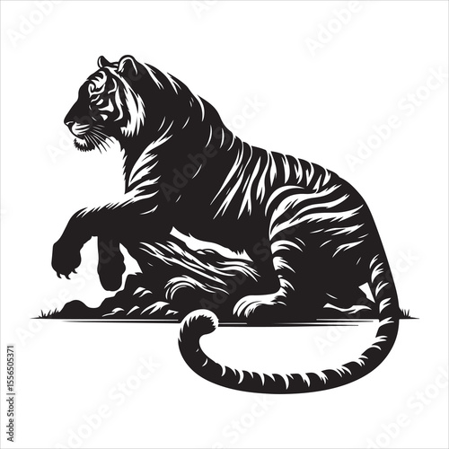 siting  cute tiger Silhouette Vector Art, and Graphic, vector black color silhouette , solated white background 
