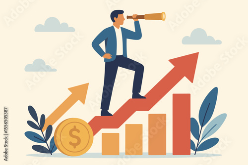 Businessman Vision for Success. Goal Setting, Career Growth, Financial Planning, Investment Strategy. Person with Telescope on Profit Arrows. Future Opportunities, Motivation, Achievement, Wealth
