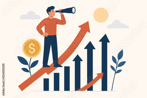 Visionary businessman with telescope planning future success, standing on upward arrows and bar chart, financial growth, profit increase, investment strategy, goal achievement, business development
